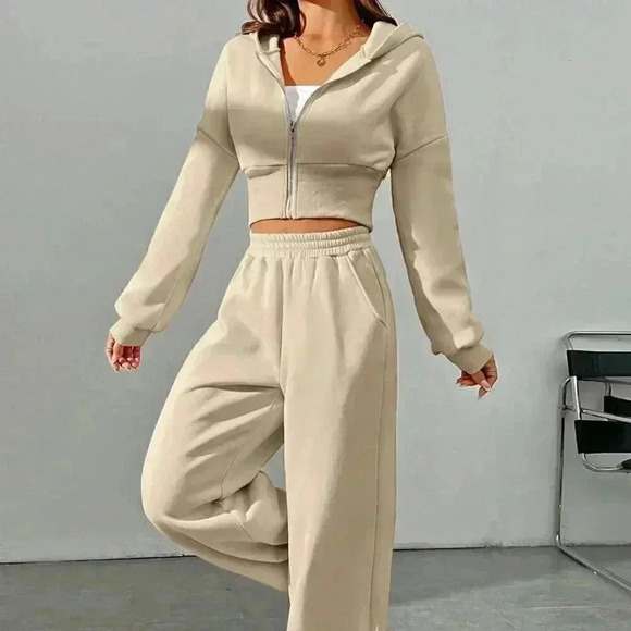 Khaki Casual Women's Zipper Front Hoodie And Pants Two Piece Set - Picture 5 of 7